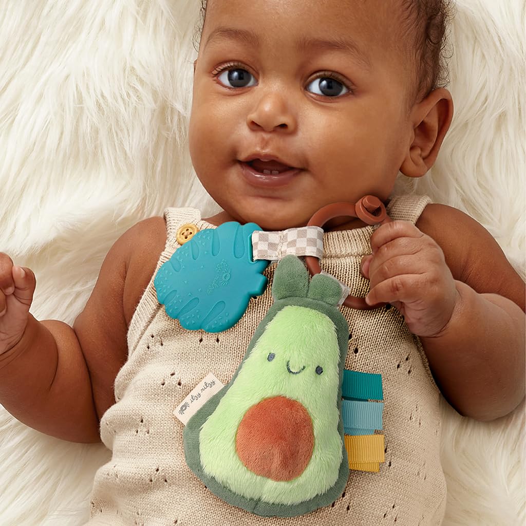 Itzy Ritzy Itzy Pal Infant Toy & Teether; Includes Lovey, Crinkle Sound, Textured Ribbons & Silicone Teether, Avocado