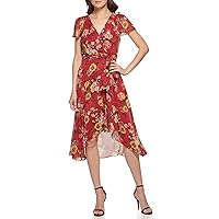 DKNY Women's Short Sleeve Asymmetrical Hem Faux Wrap Dress, Paprika Multi, 12