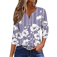 Womens Summer Tops, 3/4 Length V Neck Button Casual Blouses Loose Fit Basic Dressy Fashion Going Out Tee Shirt