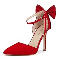 Carcuume Womens Bow Tie Back Heels Close Toe Pumps Stiletto High Heels Wedding Shoes Ankle Strap Heel Sandals