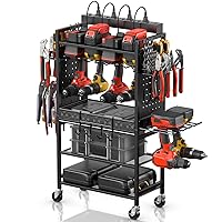 CCCEI Power Tool Organizer Cart with Charging Station, Garage Floor Rolling Storage Cart on Wheels for Mechanic, Mobile 6 Drill, Tool Box Utility Cart with Battery Charging Power Strip, Black