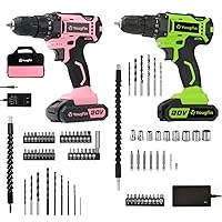 Yougfin 20V Pink Drill Driver Set with Green Cordless Powerful Drill, 25+1 Torque Setting, Built-in Work Light, 3/8 inch Keyless Chuck