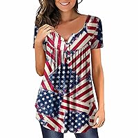 Womens Summer Tops 4Th of July Short Sleeve V Neck T Shirts Flag Graphic Tees Oversized Button Down Blouses