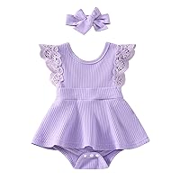 Fladdswed Newborn Infant Baby Girl Sleeveless Bodysuit Knit Ribbed Romper Lace Ruffle Skirt One Piece Jumpsuit Dress