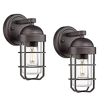 Emliviar Farmhouse Outdoor Wall Sconces, 2 Pack Vintage Exterior Light Fixtures with Nautical Metal Cage and Tempered Glass, Oil Rubbed Bronze Finish, GE255B-2PK ORB