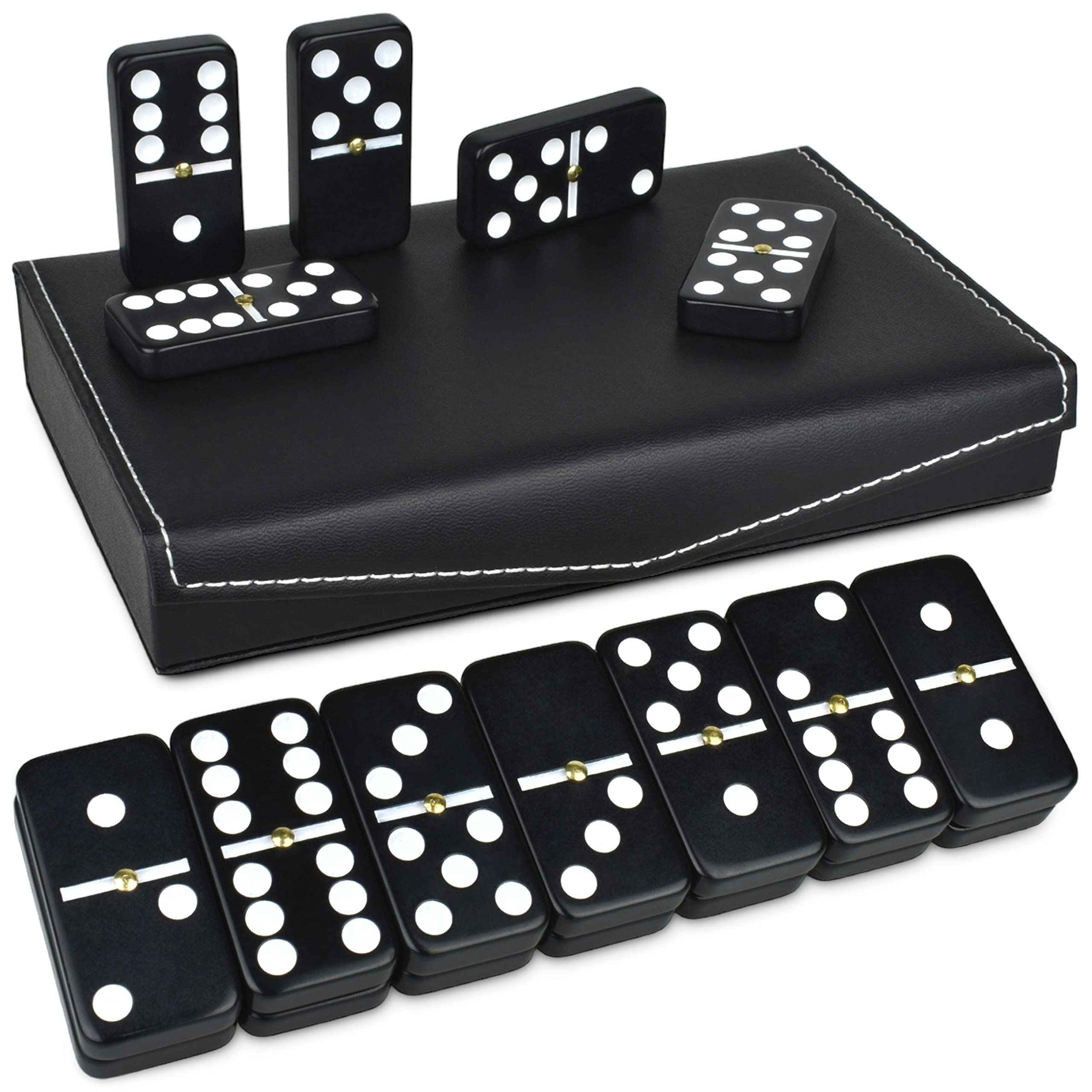 Queensell Dominoes Set for Adults - Domino Set for Classic Board Games - Dominoes Double 6 for Family Games - Double Six Standard Dominos Set 28 Tiles with Black Leather Case