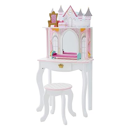 Teamson Kids Pretend Play Kids Vanity Table and Chair Vanity Set with Mirror Makeup Dressing Table with Drawer Castle Play Set with Accessories for Girls Dreamland Castle Play Vanity Set White Pink