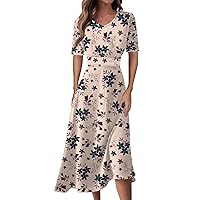 Trendy Short Sleeve Midi Dress Elegant Formal Slim Fitted Ruched Flowy Dress Casual Sexy V Neck Floral Swing Dress