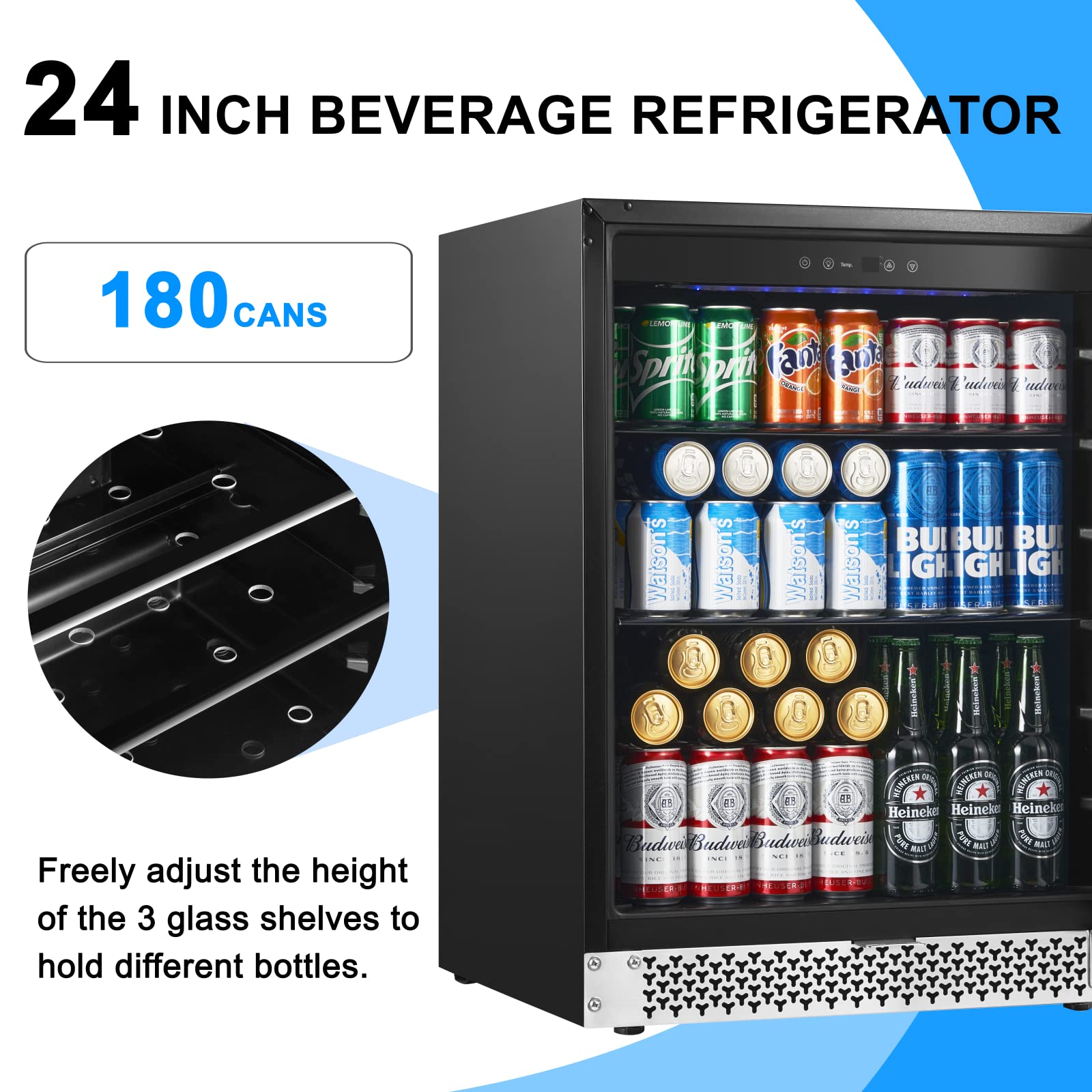 Yeego 24 Inch Beverage Refrigerator, 180can Beer Fridge Removeable Racks emperature 37-65°F, Beverage Cooler Built in Counter or Freestanding, with Glass Door, Lock, Quiet Operation