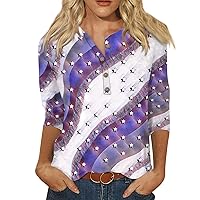 July 4 Tshirt Women Tie Dye 3/4 Sleeve Tops Henley Neck Button Blouses America Shirt Spring Shirt 2024 Basic Tops
