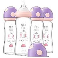 Natural Glass Baby Bottle with Natural Response Nipple, Newborn Anti-Colic Baby Bottles, Wide Neck Mushroom Cap Baby Bottle, Clear ((8.8oz (Pack of 4), Purple)
