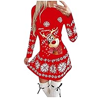 Women’s Cute Christmas Tunic Dresses Long Sleeve Crew Neck Winter Casual Vintage Cocktail Party Xmas Ugly Print Ruffle Hem Swing Mini Sweater Dress(A Red M)