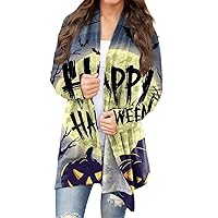 Halloween Cardigan for Women Horror Pumpkins Printed Plus Size Cardigans Ladies Long Sleeve Open Front Sweater Outerwear