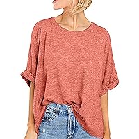 Oversized Womens Casual T-Shirt Summer 4/5 Sleeve Tops Crewneck Loose Fitted Tee Solid Macaron Color Flowy Dressy Shirt