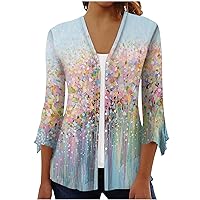 Cardigan for Women 2024 Button Down V Neck Shirts 3/4 Length Sleeve Top Loose Fit 4th of July Printed Blouses