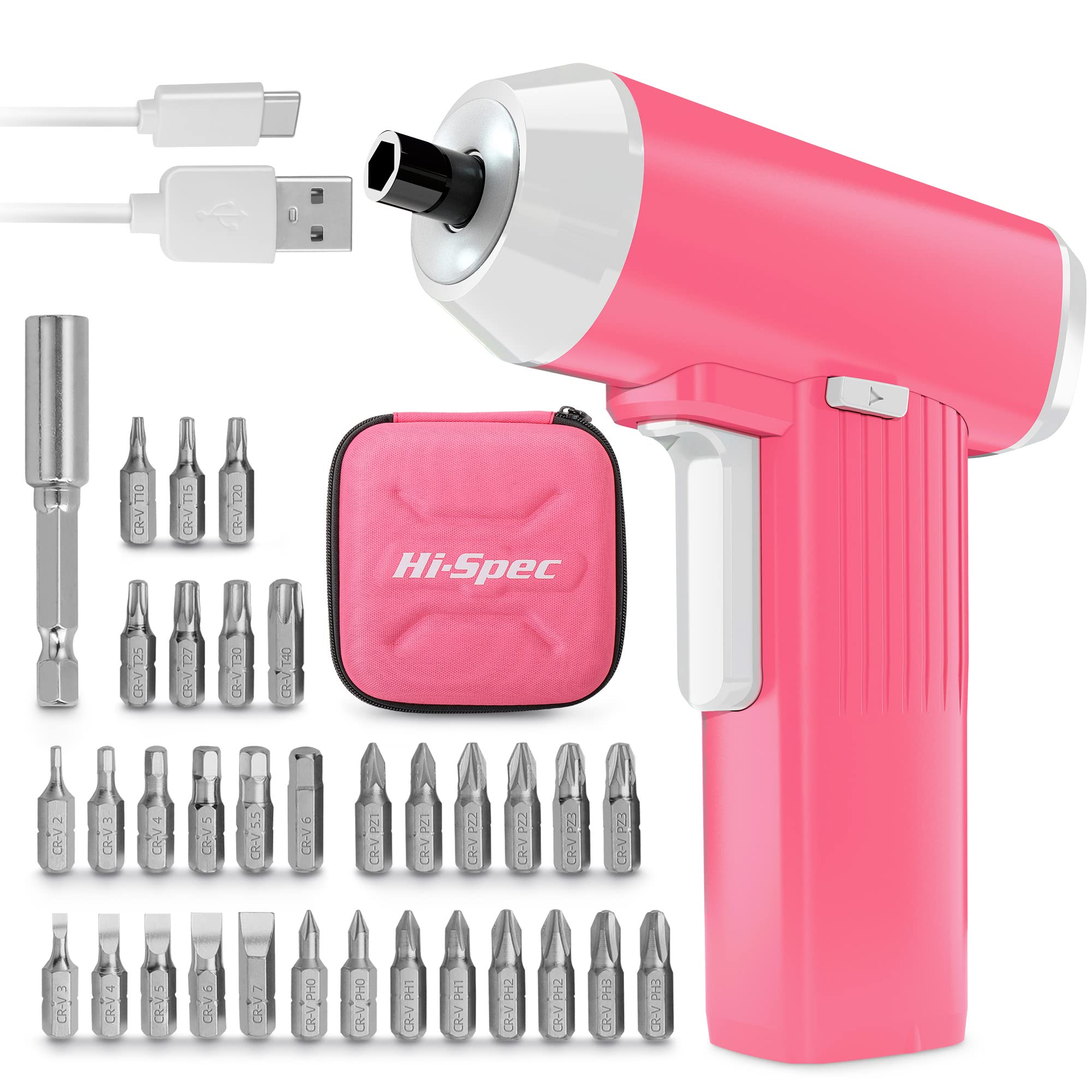 Hi-Spec 88pc Pink Home DIY Tool Kit Bundle with 3.6V Small USB Power Electric Screwdriver Set