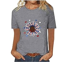 Women 4th of July Tops Cute American Flag Sunflower Patriotic Shirts Summer Casual Short Sleeve Love Heart Blouses
