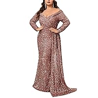 Women's V Neck Long Sleeve Sequined Off Shoulder Floor Length Evening Gown Plus Size Wedding Guest Prom Dress