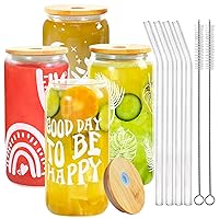 Glass Cups with Lids and Straws, 4pcs Set Boho Printed Drinking Glasses with Bamboo Lids, 16oz Iced Coffee Cup with Lids, Cute Glass Coffee Cups Tumbler for Coffee, Smoothie, Boba