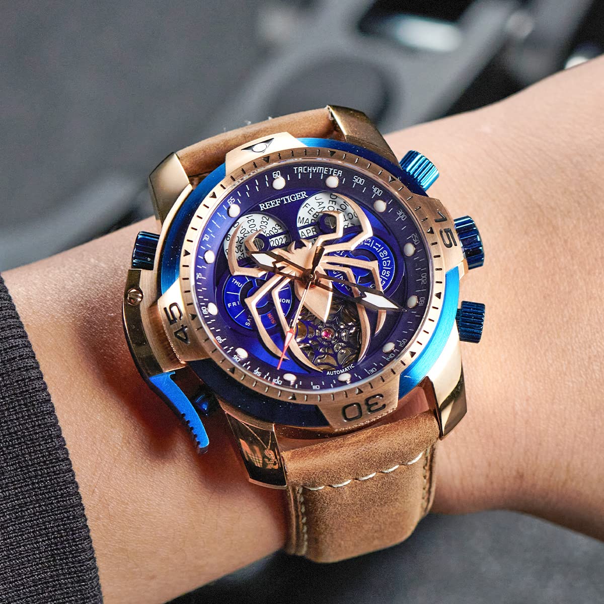 REEF TIGER High-end Luminous Sport Automatic Watch Spider Dial with Year Month Perpetual Calendar Leather Mechanical Watches RGA3532SP