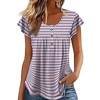 Womens Tops Summer Dressy Casual Ruffled Sleeve Blouse Trendy Printed Tshirt Loose Button Down Crew Neck Tunic Tops