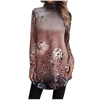 Women Blouses Dressy Casual Button Turtle Neck T Shirt Loose Fit Floral Tunics Long Sleeve Retro Graphic Tops