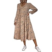 Women Summer Dresses 2023 Dalmatian Print Lantern Sleeve Ruffle Hem Smock Long Dress