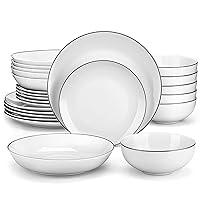 MALACASA 24-Piece Gourmet Porcelain Dinnerware Sets, Modern White with Black Rim Round Dish Set for 6 - Premium Serving Plates and Bowls Sets for Dessert, Salad, Soup, Pasta - Series AMELIA