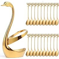 AnSaw Gold Small Swan Base Holder With Gold 20Pcs 4.7Inch leaf Handle Coffee Spoon Set