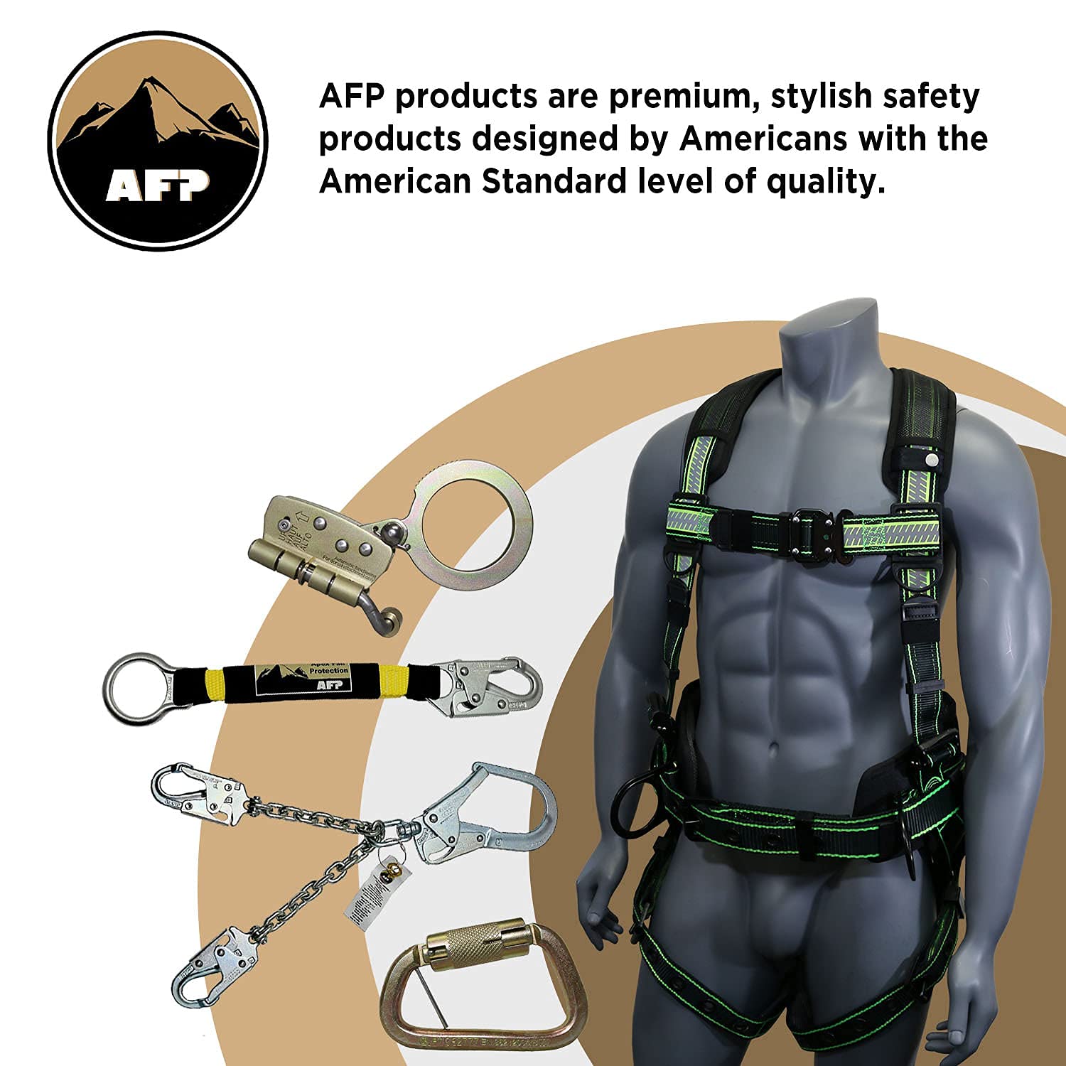 AFP Fall Protection Premium Hi-Viz Lime & Black Reflective Safety Harness, Vented & Padded Shoulder, Legs & Back, 8” Thick Back Support Belt, 3 D-Rings, Tongue Buckle, Quick Release (OSHA/ANSI PPE)