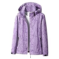 Women Fashion All Over Printed Rain Jacket Hood Lightweight Waterproof Raincoat Zip Up Trench Coats with Pockets