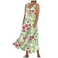 Womens Spring Dresses 2024 Casual Floral Print Sleeveless Cotton Pocket Dress
