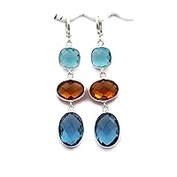 El Joyero Designer Blue Topaz/Citrine/LBT Clip On Earrings Silver Plated Brass Handmade Gemstone Brass Earrings Jewelry