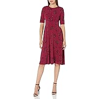 London Times Women's Spaced Clusters Short Sleeve Shirred Waist Flare Dress