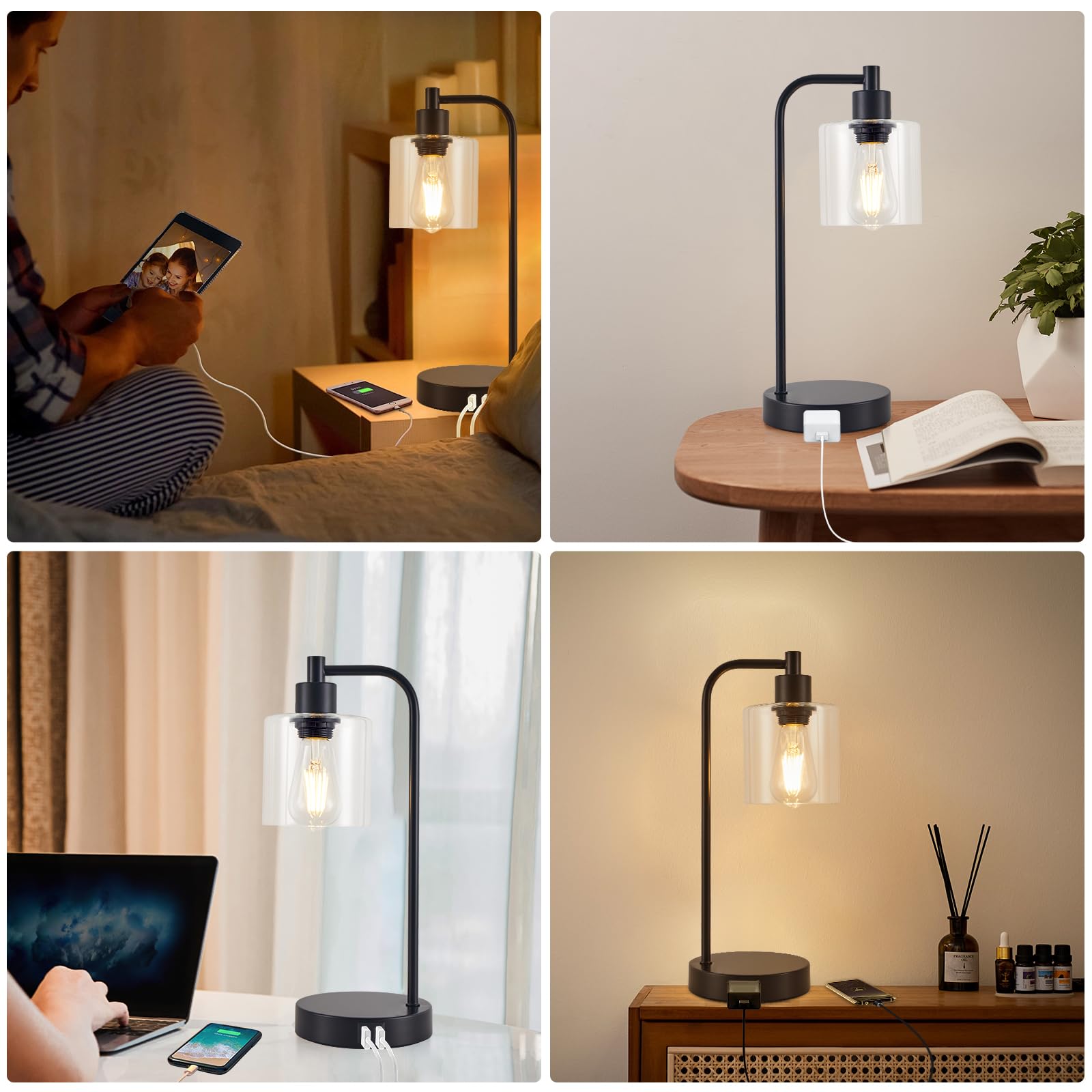 Table Lamp for Bedroom, Bedside Lamp with 3 Dimming Settings, Small Lamp with 2 USB Ports and 1 AC Outlet, Modern Nightstand Lamp with Glass Shade, Touch Lamp for Bedroom Nightstand, LED Bulb Included