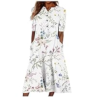 Summer Dresses for Women 2024 Trendy Crewneck/V Neck Maxi Dress Short Sleeve Dressy Casual Sundress with Pocket Today Deals(1-Blue,3X-Large)