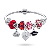 Personalize Initial Graduation Cap Honor Student Good Luck Theme Crystal European Bead Multi Charm Bangle Bracelet For Women Teens .925 Sterling Silver Snap Barrel Clasp