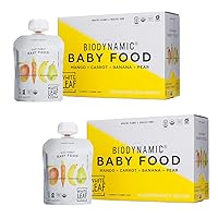 White Leaf Provisions Biodynamic & Organic Baby Food/Snacks — 12 x 3.17 Oz Mango, Carrot, Banana & Pear Unsweetened Baby Food Pouches — Squeeze Baby Food & Toddler Snack