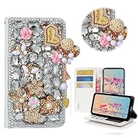 STENES Bling Wallet Phone Case Compatible with T-Mobile REVVL 6X Pro 5G Case - Stylish - 3D Handmade Heart Pendant Flowers Floral Magnetic Wallet Stand Girls Women Leather Cover - Gold
