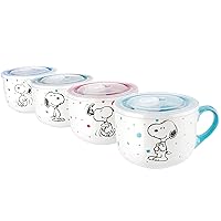 Peanuts Freckled Joy 23oz. Stoneware Soup Bowls w/Clear Lid, 4-Pack, Assorted Colors