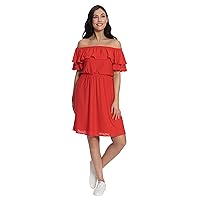 London Times Women's Off The Shoulder Ruffle Sleeve Dress with Elastic Waist