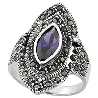 Sterling Silver Marcasite Diamond-Shaped Ring, w/Marquise Cut Amethyst CZ, 1 inch (25 mm) Wide