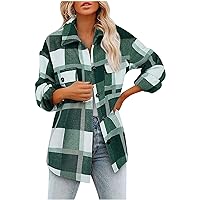 Ladies Shacket Jacket Flannel Plaid Button Down Shirts Fashion Shackets for Women Casual Lapel Cardigan Outwear