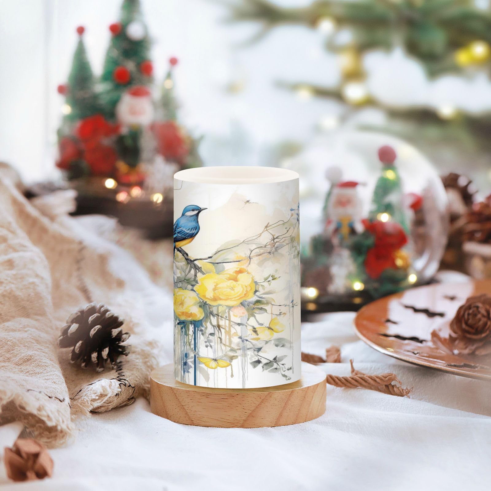 Spring Blue Bird with Yellow Flowers Butterflies Flickering Flameless Candles Battery Operated with Remote Timer,Tea Light Candles LED Pillar Votive Candles set of 2 for Outdoor Indoor Decorations