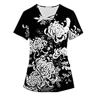 Women's Cute Animals Printed Short Sleeve V-Neck Tops Working Pocket Blouse Basic Shirts