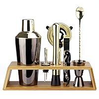 10Pcs Bartender Kit Bar Set, 24OZ Black & Gold Cocktail Shaker Set with Stainless Steel Bartending Accessories for Home & Bamboo Stand, Ideal Drinking Mixers Gift Set for Martini Margarita