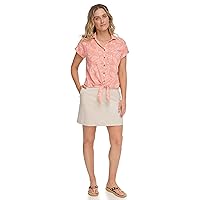 Margaritaville Women's Palm Print Tie Party Shirt-Soft, Relaxed-Feel Linen, Coral, X-Large