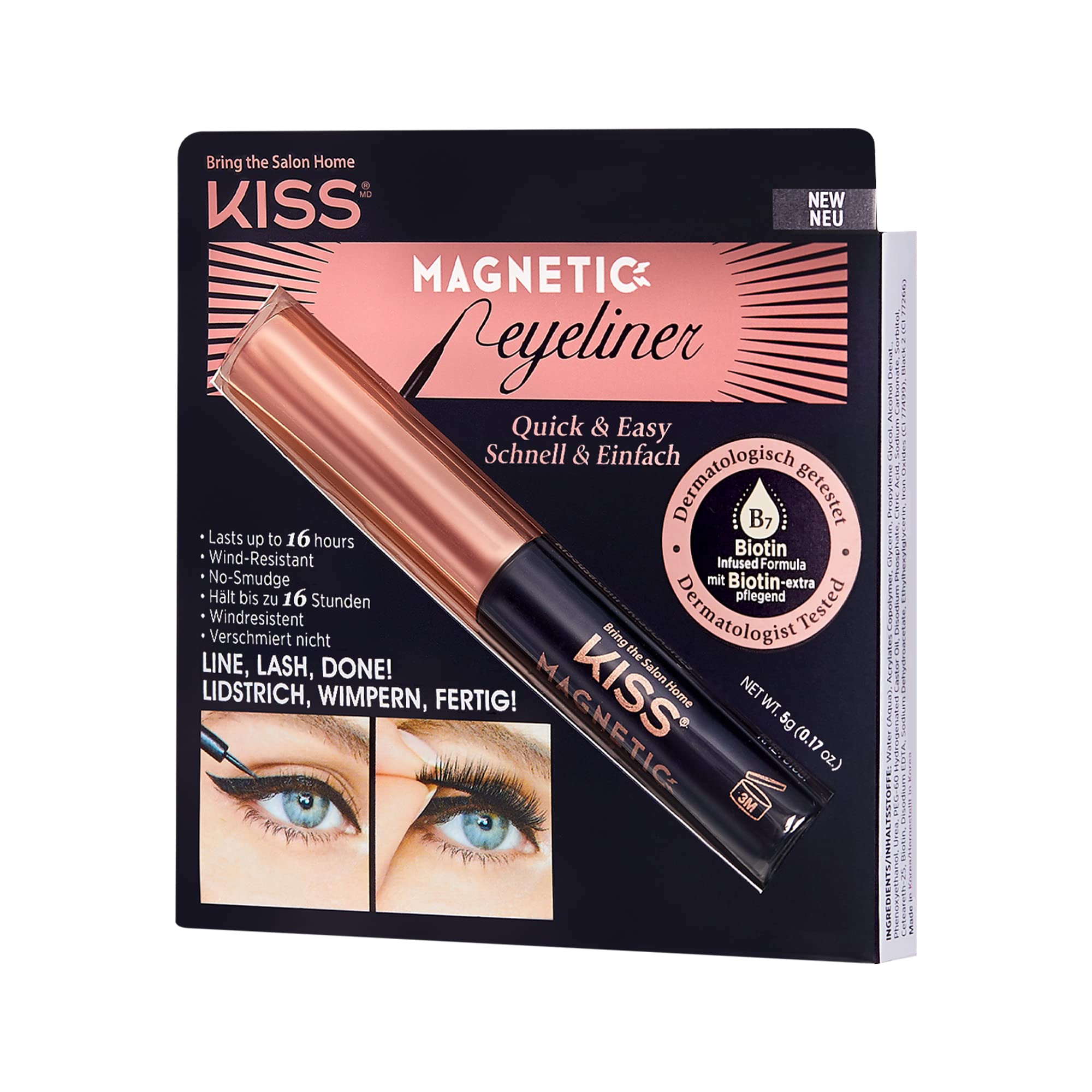 KISS Magnetic Eyeliner, Black, 0.16 Ounce, Smudge Proof, Biotin Infused, Free of Synthetic Fragrances, Dyes, Parabens, Petrochemicals, And Formaldehyde with Precision Tip Brush