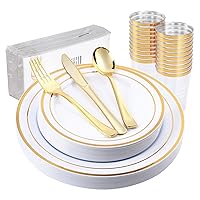 Gold and White Disposable Dinner Set 20 Guest –Luxury Quality 10 Inch Disposable Wedding Party Silverware | Heavy Duty Weight PlasticPlates Forks Knives Cups Napkins |Party Dinnerware Set 140 pcs
