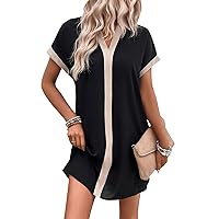 SweatyRocks Women's Color Block Short Sleeve Collared V Neck Dress Casual Loose Fit Tunic Dresses